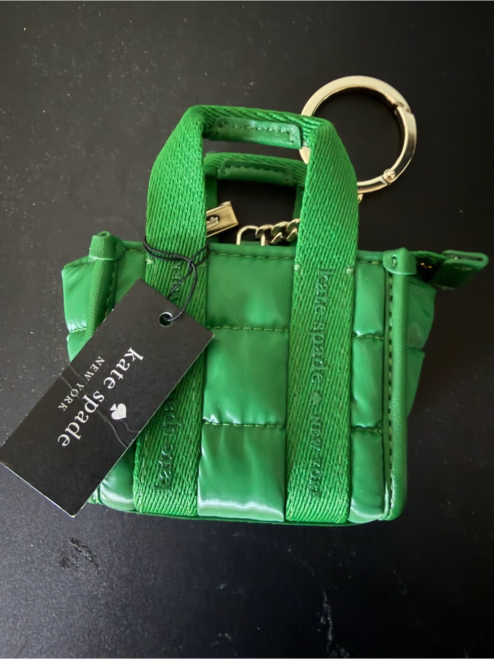 Kate Spade Kip Puffy Micro Bag Charm in a vibrant green color